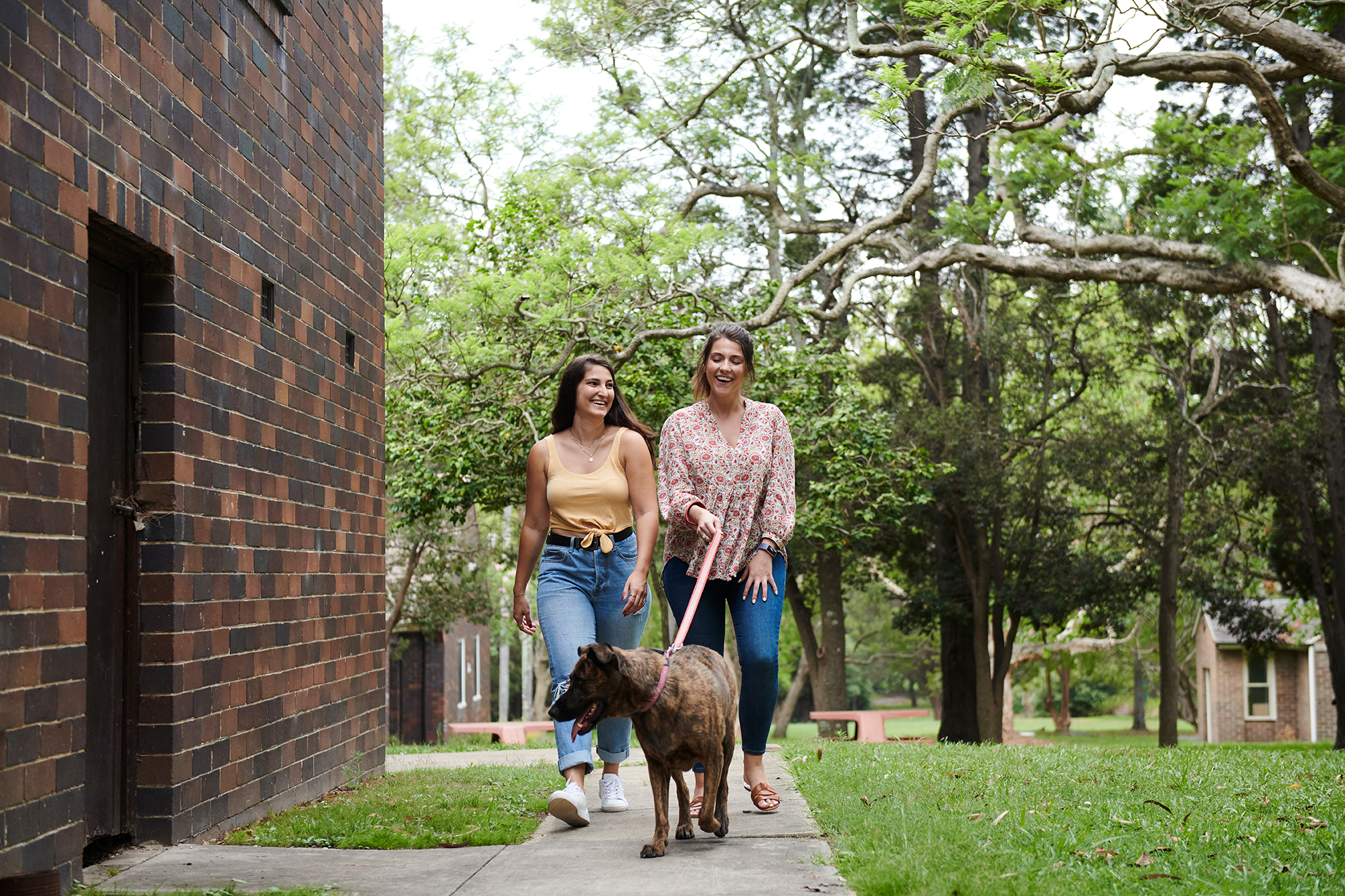young women walking a dog