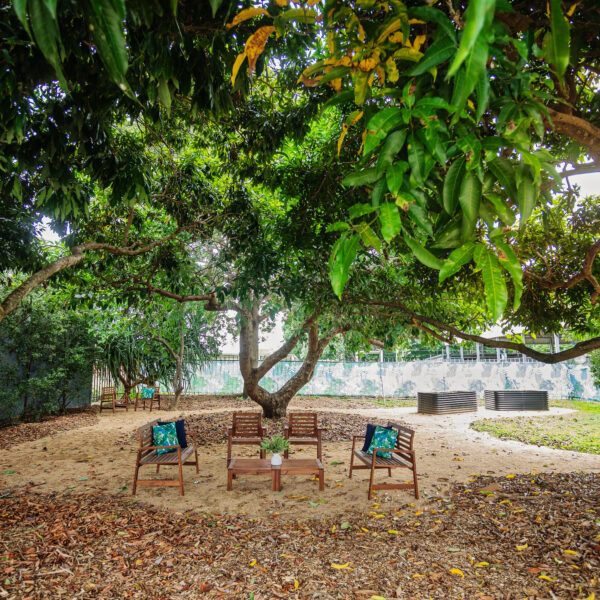 Outdoor seating at Caboolture surrounded by trees