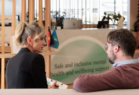 two people in reception at launceston medicare mental health centre