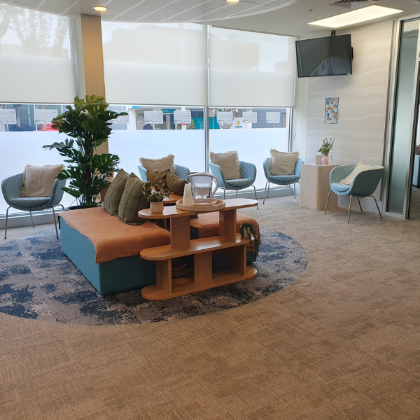 Foyer area with plenty of comfortable seating and cushions