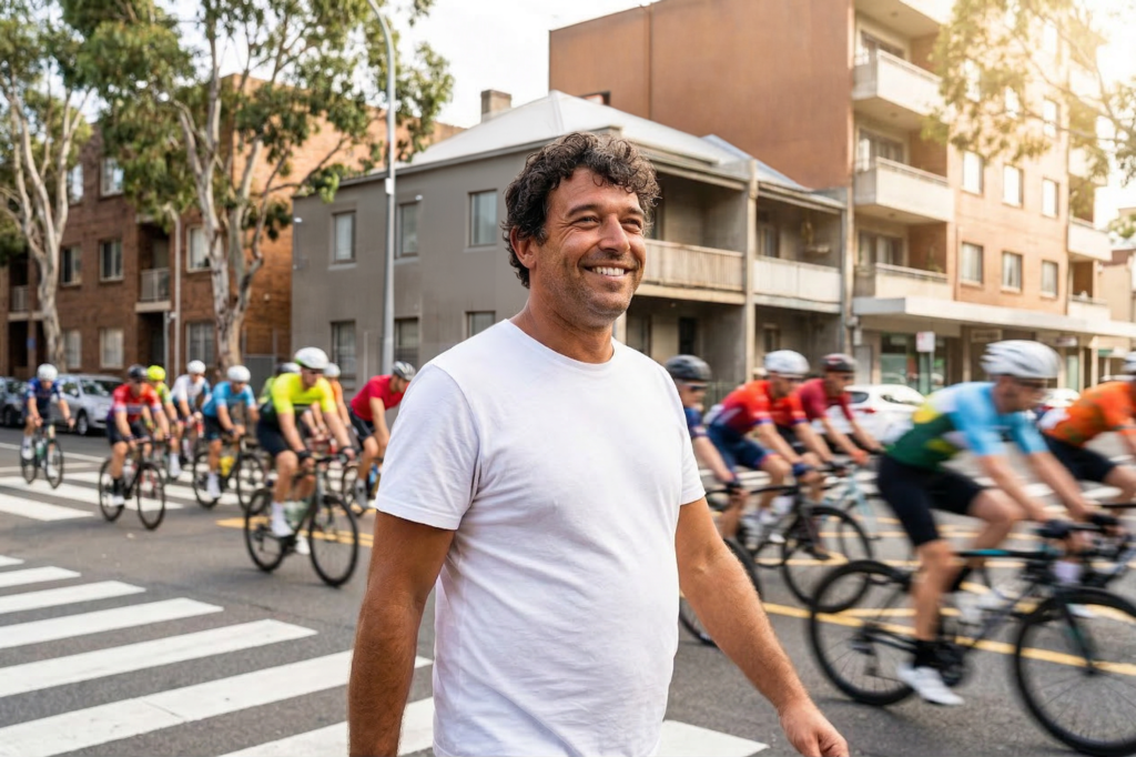 Man casually walking on the street whilst a group of bicycles are riding past